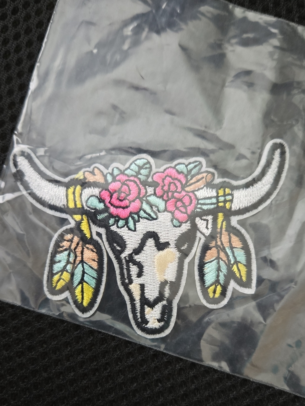 Patch Embroidered Bull Skull  with Pink Floral Accent -